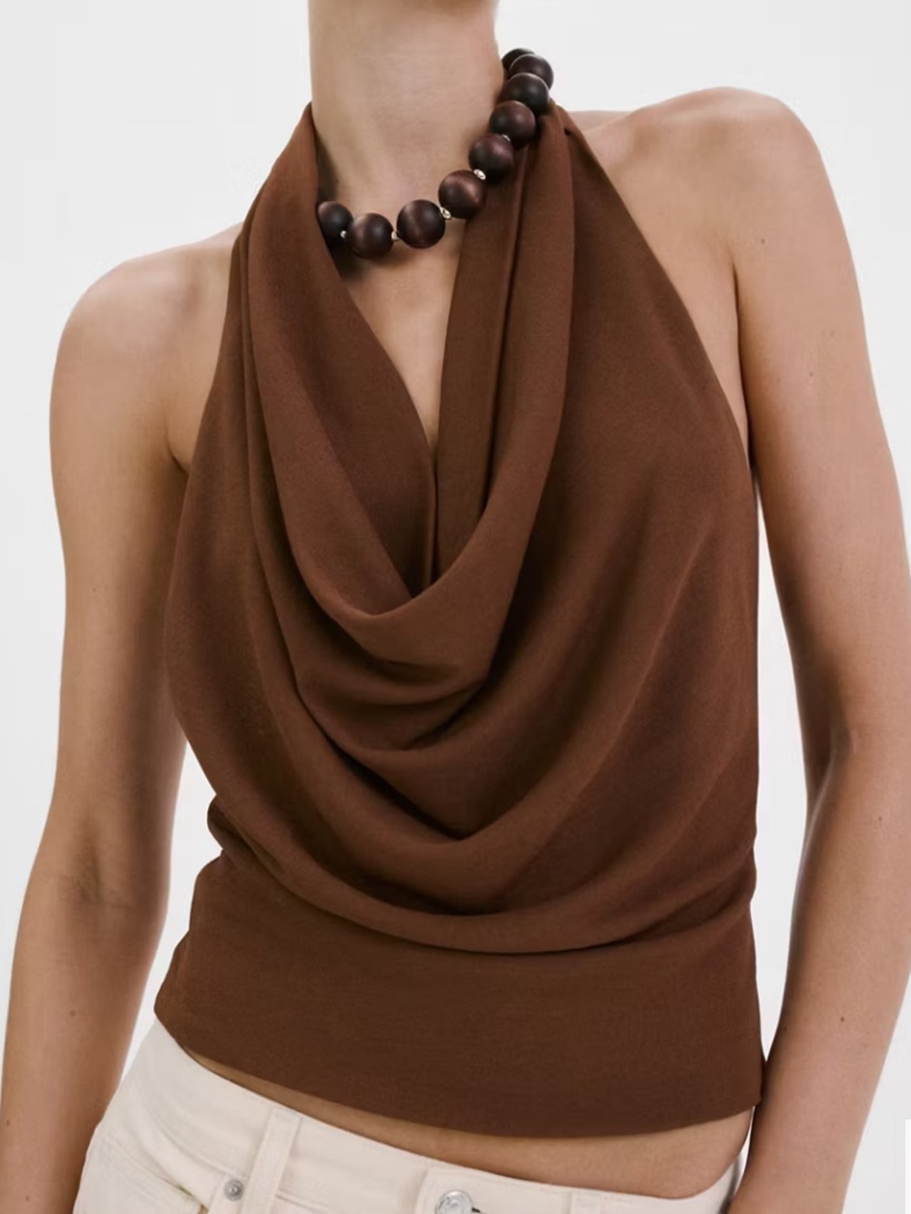 Mango Brown Draped Cowl Neck Scarf Top DRAPED HALTER TOP 7159